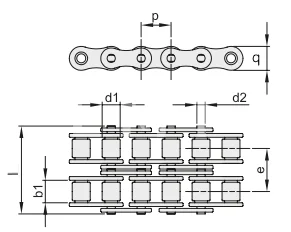 Цепь роликовая двухрядная 08B-2 (2ПР-12,7-31,8), EMT | ЕМТ